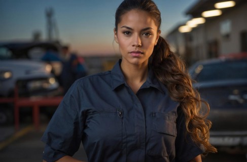 A confident mechanic woman stands at dusk in front of a car repair shop in professional attire,