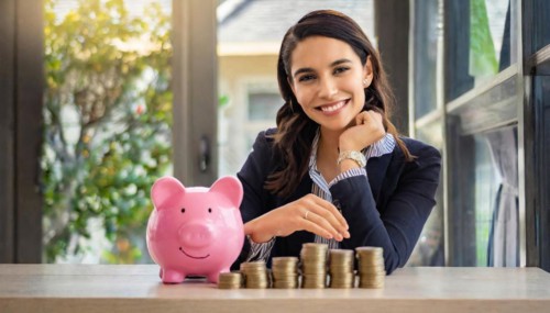 AI generated, A young woman, 20, years, saves money and coins for the future, provision, nest egg,