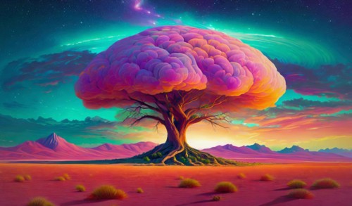 Synthwave tree surreal scene. Majestic ancient wood with a purple cloud instead of leaves crown