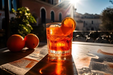 Aperol spritz radiating bright and bubbly charm glass positioned on a sunlit terrace table, AI