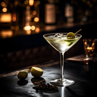 Gin martini with an olive resting on a polished bar top ambient lighting, AI generated