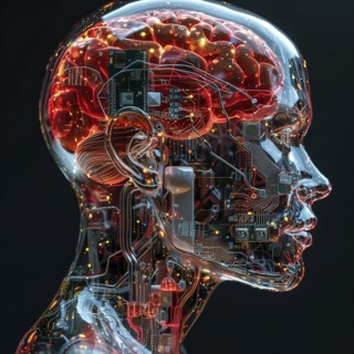Medical a human head with brain and computer chip, symbol image KI in the human brain, ai