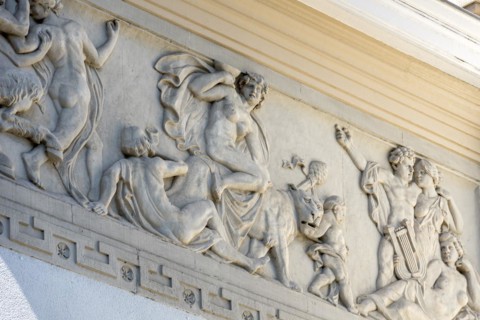 Allegorical relief, frieze for dance, wine, music, love, Giessen City Theatre by architects Fellner