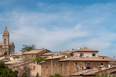 Montalcino, on the left the cathedral of Montalcino, Tuscany, province of Siena, Italy, Europe