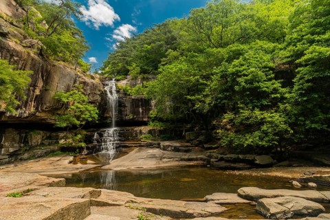 A scenic waterfall spills into a rock pool below with lush green trees and a clear sky, in South