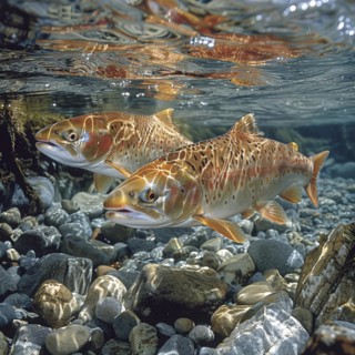 Salmon (Salmo salar) on the migration and swim up a stream in shallow, clear water, ai generiert,