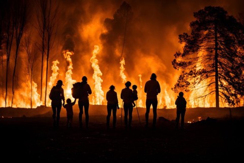 Family in hurried evacuation from a wooden house massive wildfire looming on the horizon, AI