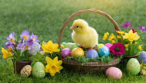 Ai generated, An Easter basket with coloured eggs in a meadow with colourful flowers, a chicken