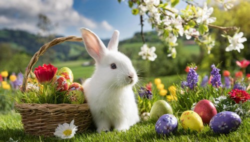 Ai generated, An Easter basket with coloured eggs in a meadow with colourful flowers, in the basket