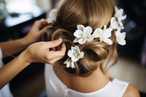 Close up of hairdresser styling beautiful bridal hair with flowers, AI generated