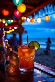 Sweet and sour margarita salt rimmed occupying on a beach bar counter, AI generated