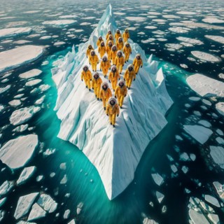 Aerial view of group people wearing yellow winter garment standing on a large block of ice in the