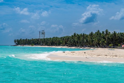 Palm fringed white sand beach, Agatti Island, Lakshadweep archipelago, Union territory of India