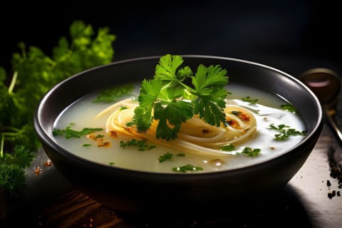 Flaedle soup with a crystal-clear broth of thinly sliced pancake strips, AI generated, AI generated