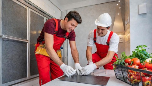 Ki generated, Two young men assemble furniture, DIY, wear gloves to protect hands from splinters