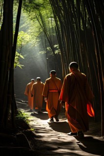 Shaolin disciples clad in traditional orange robes walk in a serpentine single file bamboo stalks,