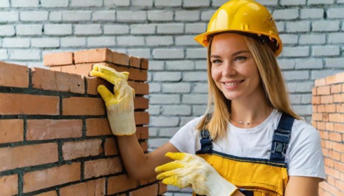 AI generated, A female bricklayer inspects a brick wall, 30, 35, years
