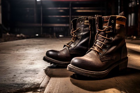 Well worn leather boots creased and scuffed narrative of adventure standing on expansive floor, AI