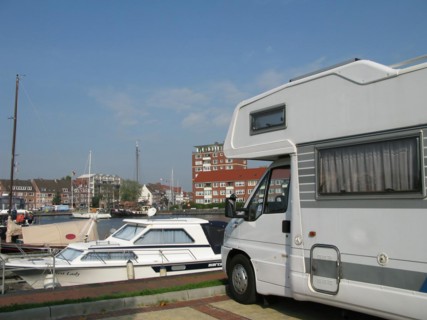 Recreational vehicles, Emden harbour, East Frisia, Germany, Europe