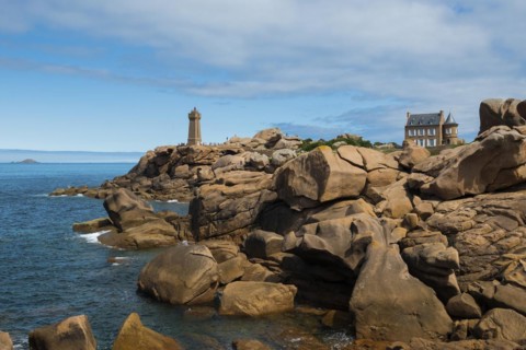 Lighthouse and granite rock, Phare de Ploumanac'h, Phare de Mean Ruz, Cote de Granit Rose,