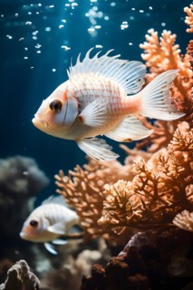 Bleached coral and resilient fish swimming close up symbolizing hope against devastation, AI