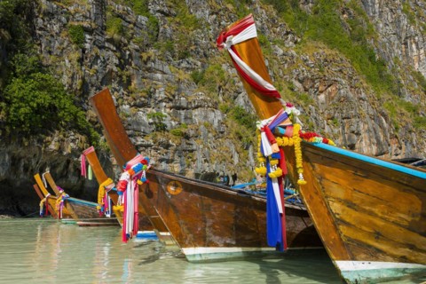 Longtail boat at Maya Bay, boat, wooden boat, ferry boat, ferry, passenger ferry, decorated, faith,