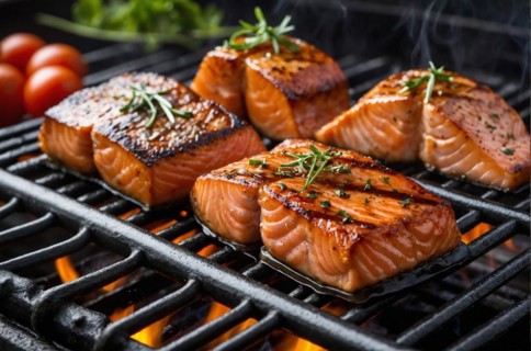 Close-up of salmon with grill marks being cooked on a barbecue grill, AI generated