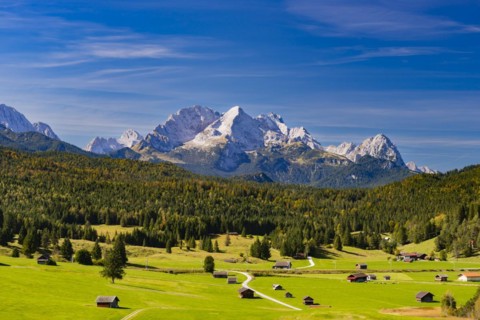 Humpback meadows between Mittenwald and Kruen, Werdenfelser Land, behind it the Zugspitze, 2962m,