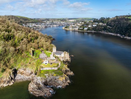 Dartmouth Castle over River Dart from a drone, Dartmouth, Kingswear, Devon, England, United