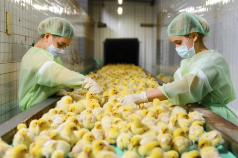 Male chicks on a conveyor belt. In poultry production, chick killing or chick shredding refers to