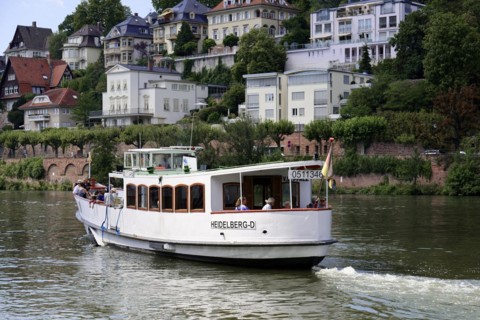 Close-up view of a boat on the water (Neckar), with passengers and a name plate, Heidelberg,