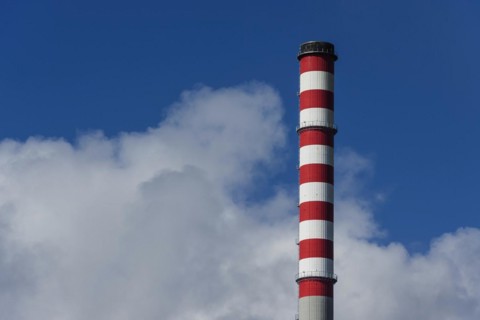 Chimney of a power plant in Sines, red, white, blue sky, power plant, energy, environment, climate,