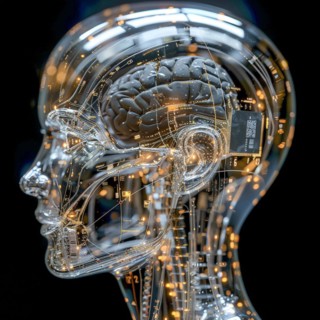 Medical a human head with brain and computer chip, symbol image KI in the human brain, ai