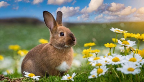 KI generated, A colourful dwarf rabbit in a meadow with white and yellow flowers, spring, side