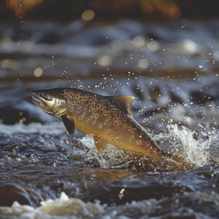 Salmon (Salmo salar) on the migration and swim up a stream in shallow, clear water, ai generiert,