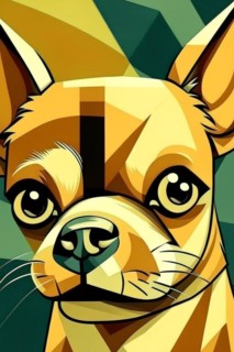 A stylized geometric cubist illustration of a chihuahua dog with green and yellow tones, vertical