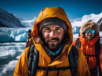 Tourists clad in vivid cold weather attire exploring the melting glaciers their expressions, AI