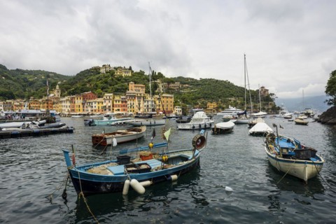 Village with colourful houses and harbour by the sea, Portofino, Province of Genoa, Liguria, Italy,