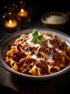 Pappardelle pasta entangled in a savory wild boar ragu, AI generated