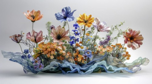 A spread of colorful, semi-transparent fabric flowers arranged artistically, ai generated, AI