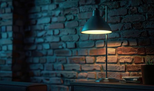 A desk lamp creates a focused light in a moody setting with books and a dark blue ambient light AI