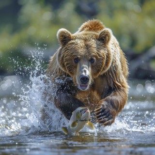 A brown bear hunts salmon in shallow clear water, AI generated