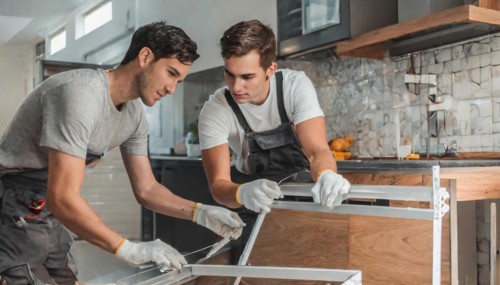 Ki generated, Two young men assemble furniture, DIY, wear gloves to protect hands from splinters