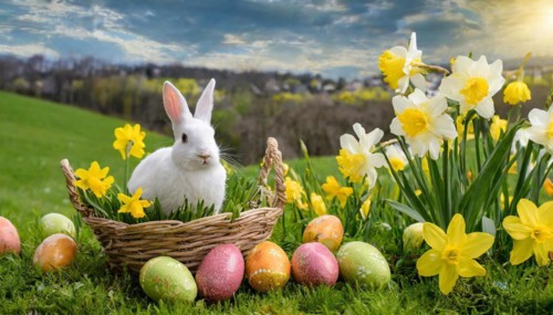 Ai generated, An Easter basket with coloured eggs in a meadow with colourful flowers, in the basket