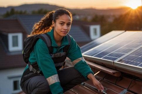 Focused technician working on solar panels on a roof at evening time, blurry selective focus