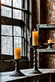 Vintage cast iron candle holders peeling paint rust texture, AI generated