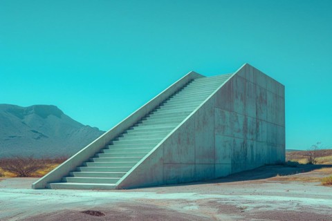 Triangular concrete staircase against a teal sky in a serene desert setting with mountain views, AI