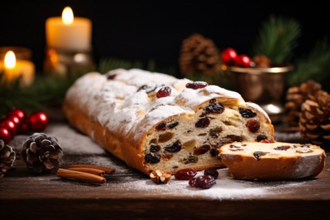 Traditional winter Christstollen cake with ingredinets on wooden table with dark background. KI