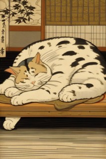 A contented fat cat relaxes in a traditional Japanese ukiyo-e style artwork, vertical aspect, AI