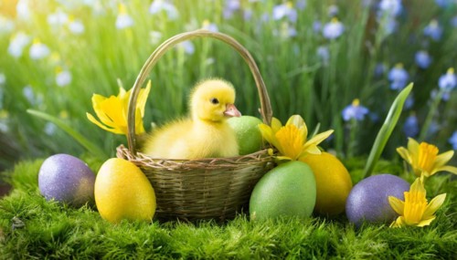 KI generiert, An Easter basket with coloured eggs in a meadow with colourful flowers, in the basket